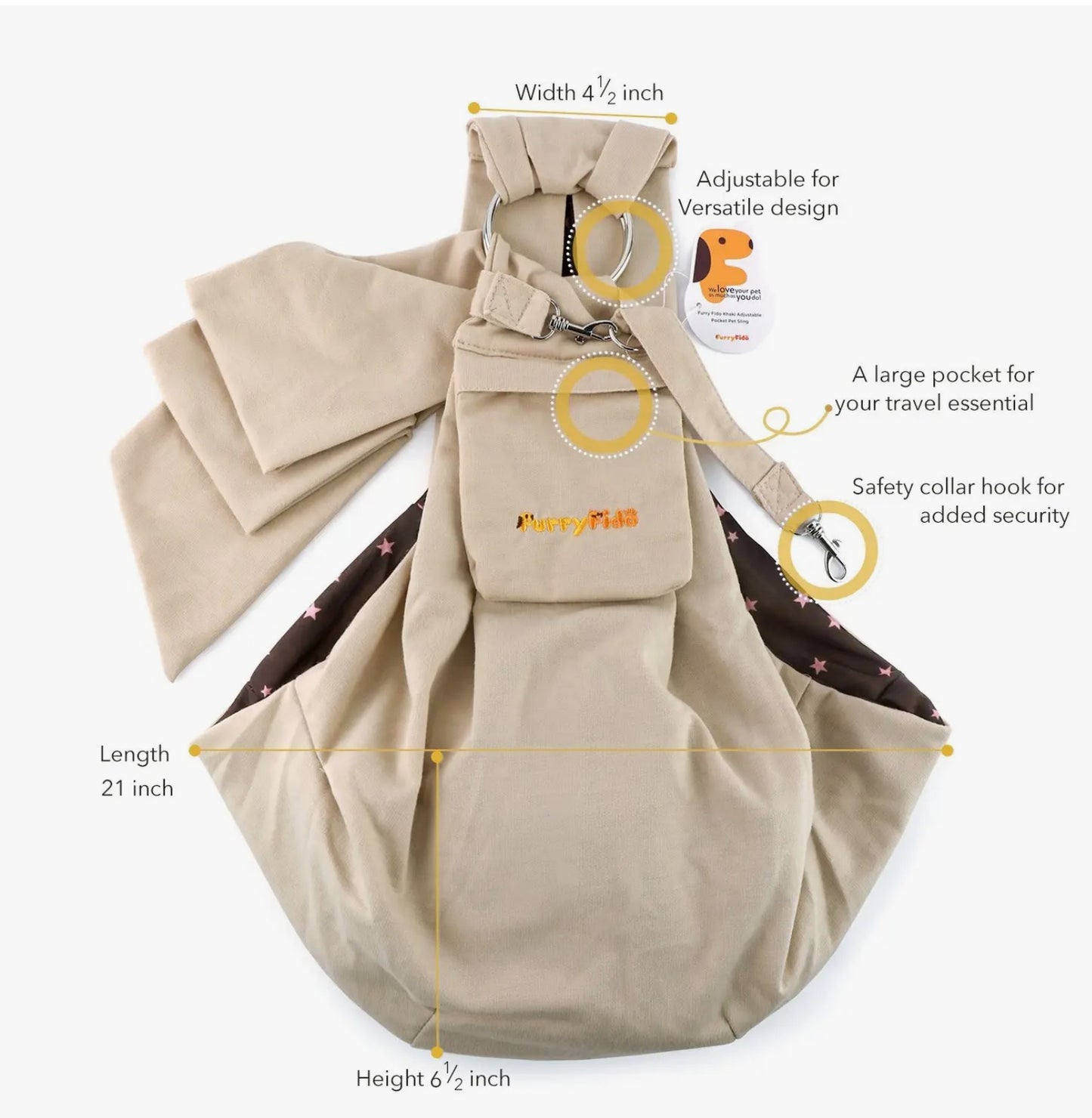 Khaki Adjustable and Reversible Pocket Pet Sling